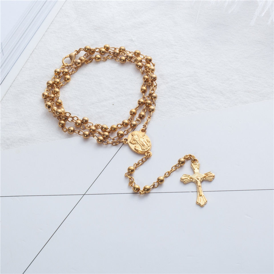 Rosary Necklace Jesus Christ Cross Pendant Necklaces Alloy Bead Long Chain Mens Women