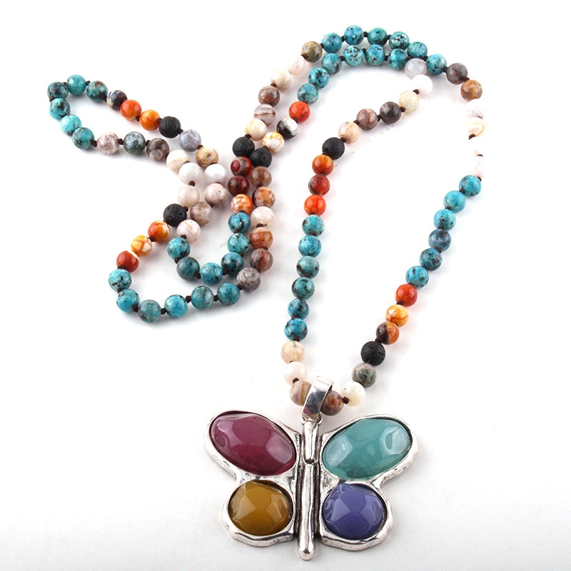 108 Beads Mala Multi Stone Knotted Butterfly Charm Pendant Necklace