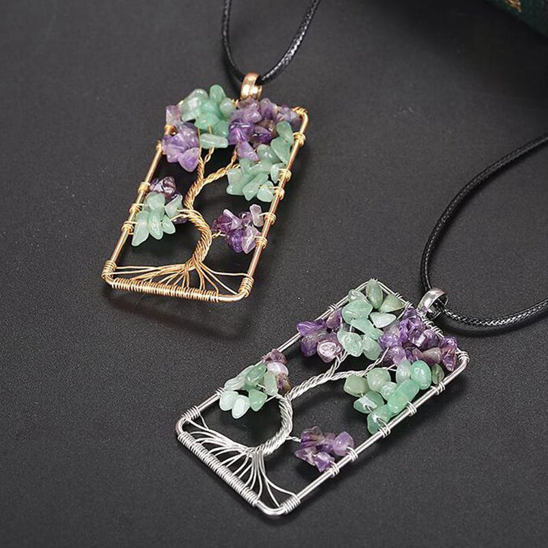 Natural Stone Amethysts Gravel Square Tree Of Life Pendant Necklaces
