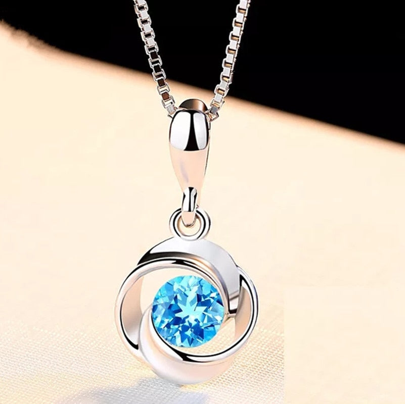 blue crystal pendant female zircon retro S925 sliver Necklace