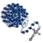 Catholic Rosary Small Size Round Blue Glass Beads Virgin Mary Jesus Necklace Women