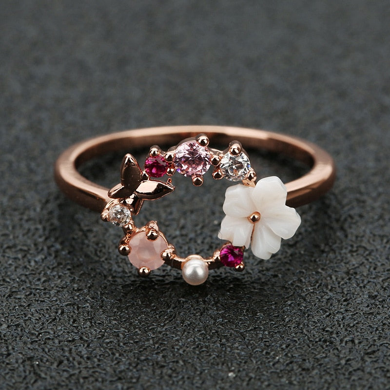 Butterfly Flowers Crystal Finger Wedding Rings
