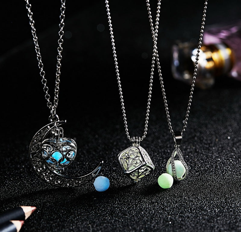 Glow In The Dark Moon Square Heart Necklaces