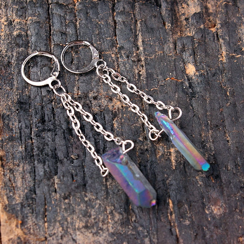 Raw Rainbow Quartz Crystal Drop Earrings