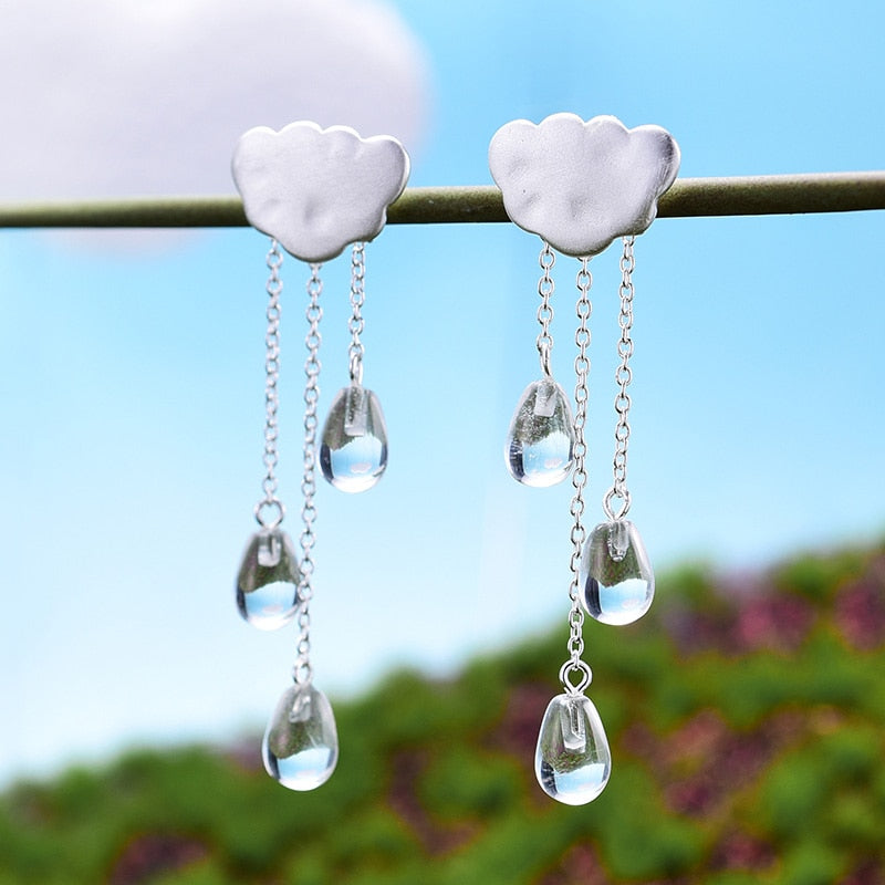 Cloud Long Crystal Gems Tassel Drop Earrings