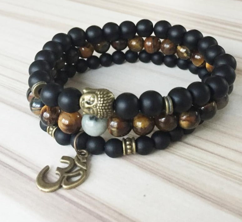 Mala Healing beads Tiger eye Matte Onyx Bronze Buddha Yoga Bracelets