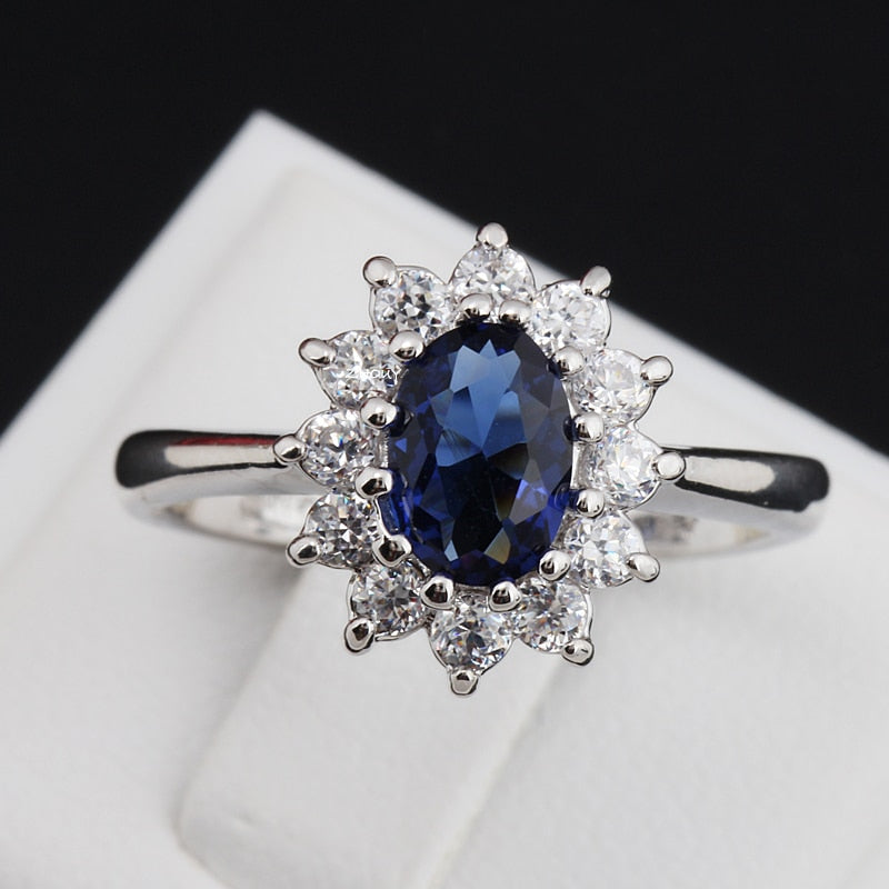 Blue Gem Created Blue Crystal Stone Silver Color Wedding Finger Ring