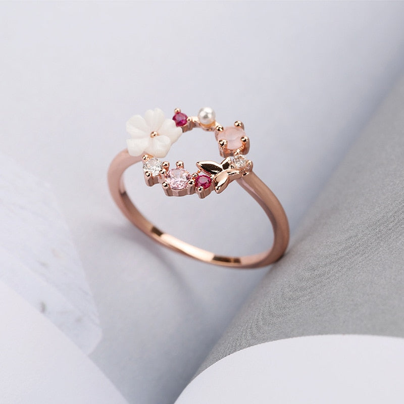 Butterfly Flowers Crystal Finger Wedding Rings