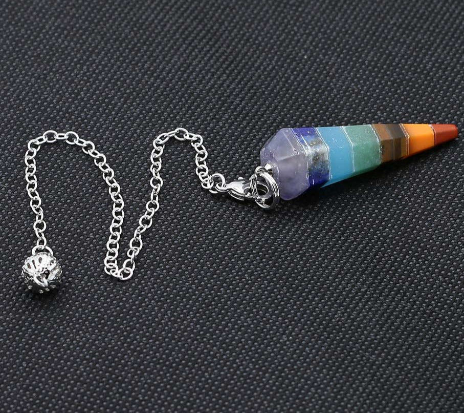 Charm Pyramid 7 Chakra Natural Gem Stone Rainbow Layered Dowsing Healing Point Pendant