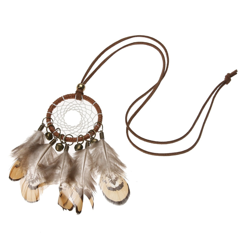 Retro Handmade Dreamcatcher Feathers With Bead Long Chain Necklace
