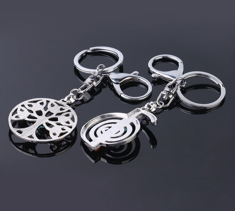 Reiki 7 Chakra Stones Keychain Tree of Life