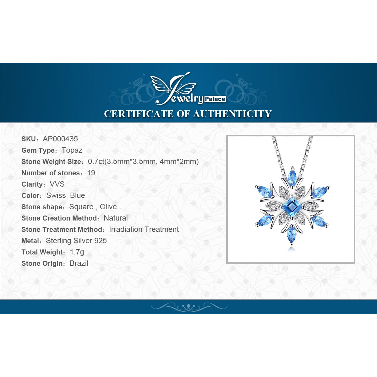 Snowflake Natural Swiss Blue Topaz Pendant Necklace
