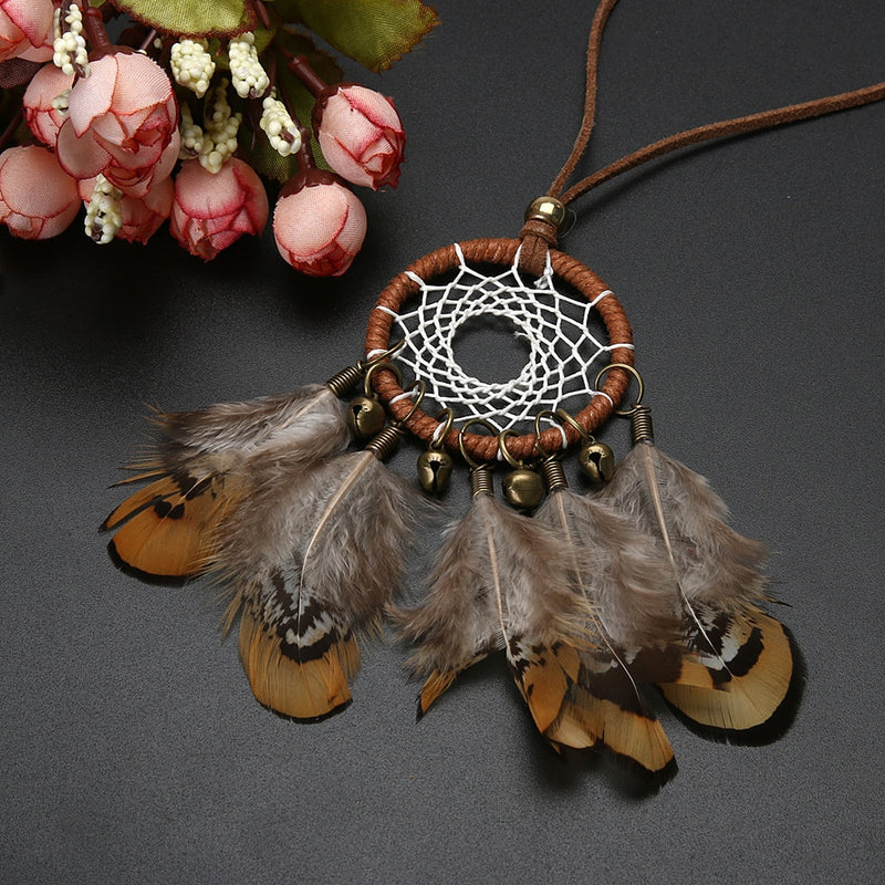 Retro Handmade Dreamcatcher Feathers With Bead Long Chain Necklace