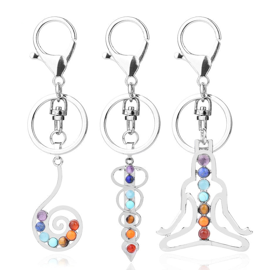 Reiki 7 Chakra Stones Keychain Tree of Life