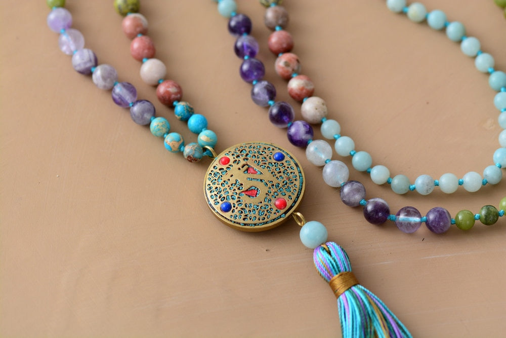 Natural Stone Nepal Charm Long Tassel Necklace