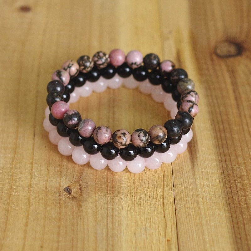 Rhodonite Rose Quartzs Black Onyx Beaded Stackable Wrist Mala Charm Bracelets