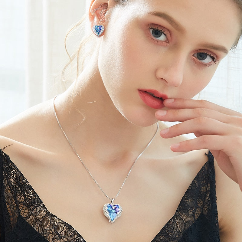 Women Necklace Earrings Jewelry Set With Crystals Women Heart Pendant Stud Fashion