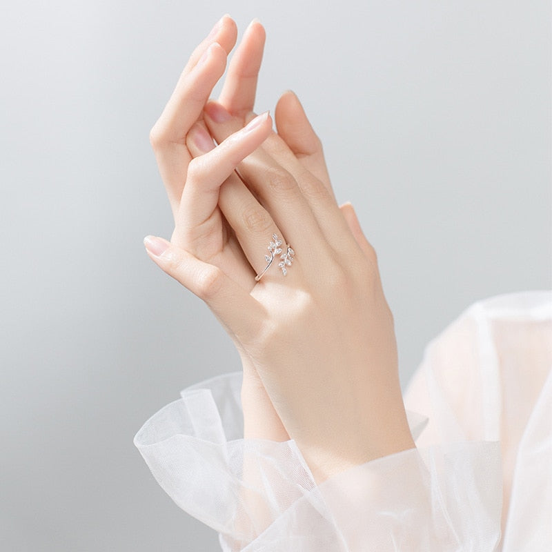 Sterling Silver Crystal Leaf Rings For Women Wedding Jewelry Adjustable Antique Finger Ring