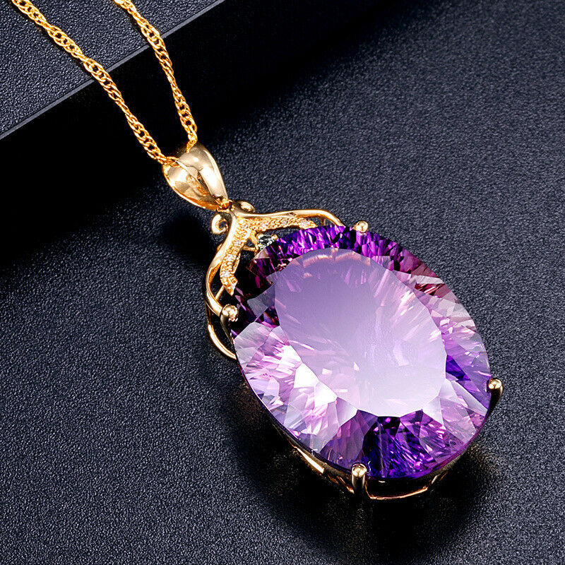 Amethyst Color Oval Crystal Pendant Necklace