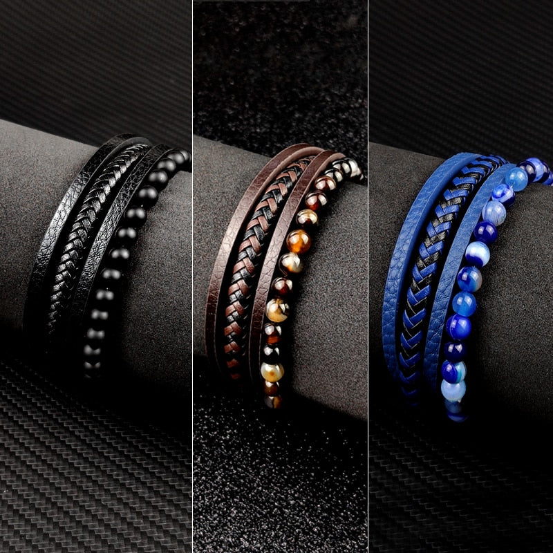 Beads Leather Natural Stone Charm Bracelet