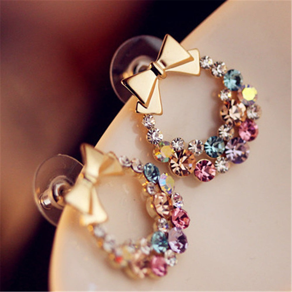 Luxury Gold Color Colorful Crystal Bow Stud EarringsLuxury Gold Color Colorful Crystal Bow Stud Earrings