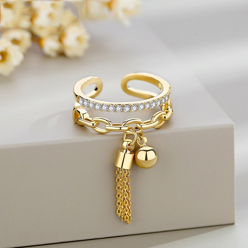 Link Chain Tassel  Zirconia Charm Finger Ring