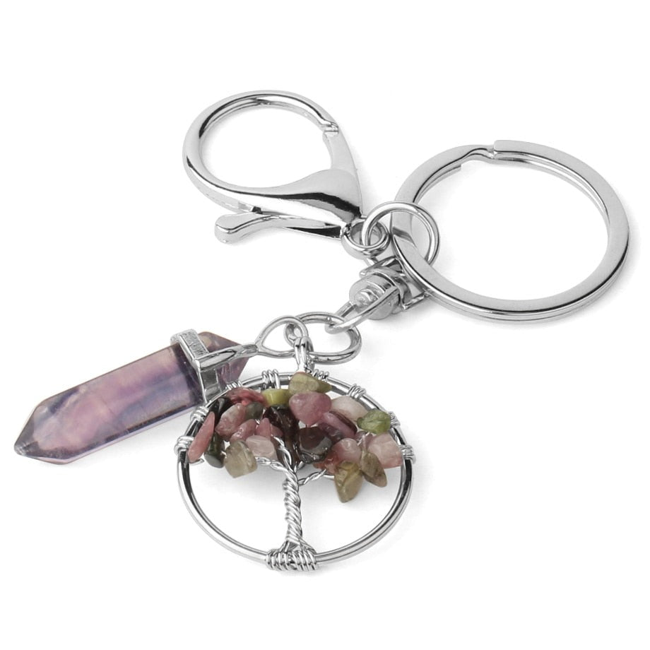 Natural Stone Fluorite Tree of Life Pendants Keychain