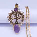 Bohemia Tree of Life Purple Crystal Stainless Steel Necklaces