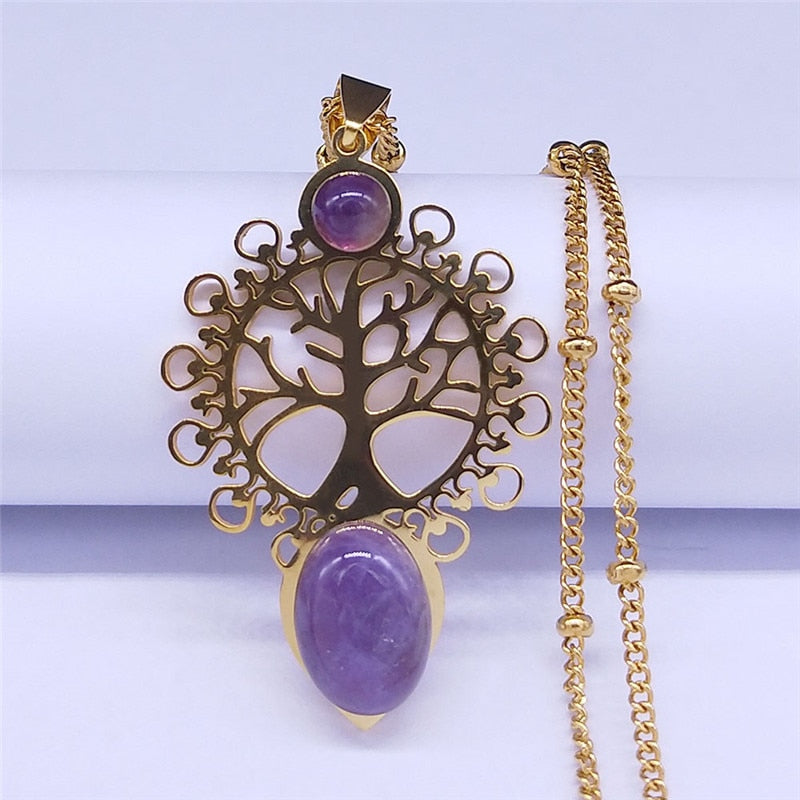 Bohemia Tree of Life Purple Crystal Stainless Steel Necklaces