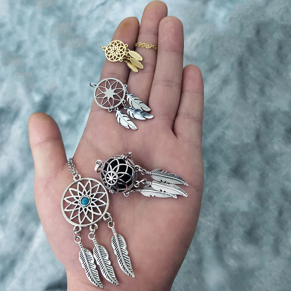 Bohemian Ethnic Feather Yoga Alloy Stainless Steel Dreamcatcher Necklace