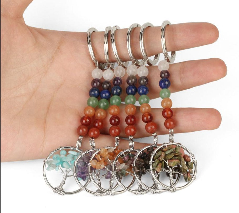 Natural Stone 7 Chakra Reiki Tree of Life Keychain