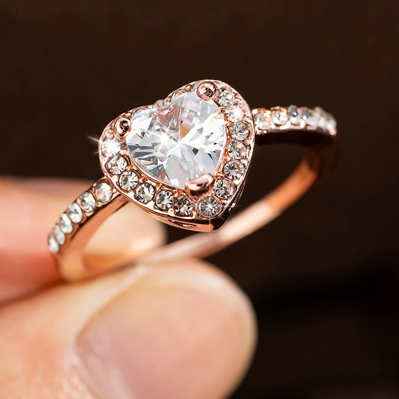 Rose Gold Crystal Heart Shaped  Wedding Rings