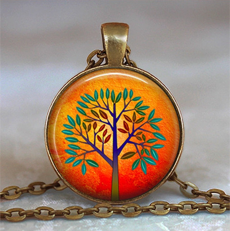 Tree Of Life Glass Cabochon Statement Necklace