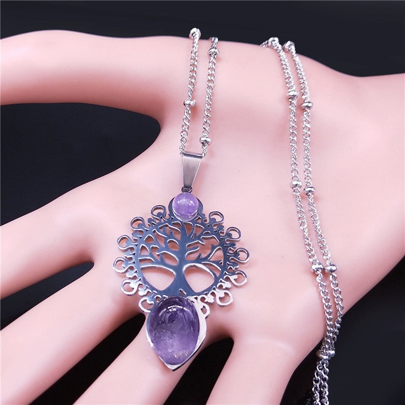 Bohemia Tree of Life Stainless Steel Purple Crystal Necklace
