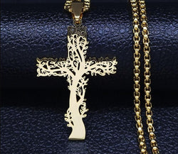 Cross Tree of Life Stainless Steel Chain Necklaces