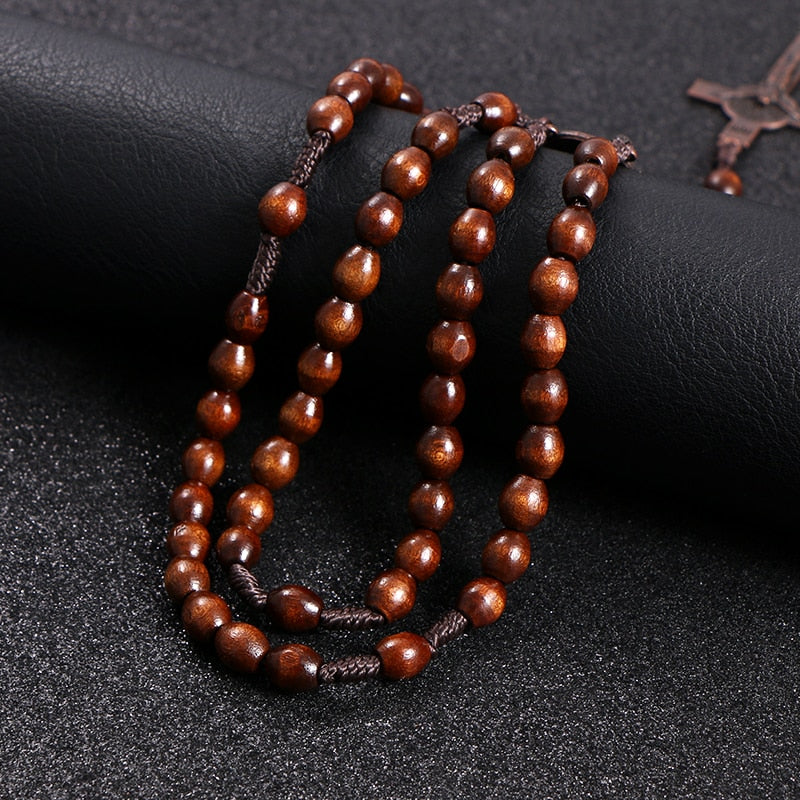 Rosary Bead Cross Pendant Woven Rope Chain Necklace