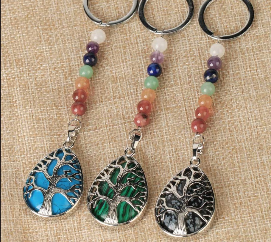 Tree of Life Keychain 7 Chakra Water Drop Natural Stone Key Holder
