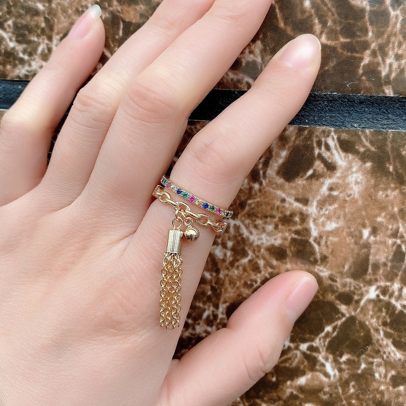 Link Chain Tassel  Zirconia Charm Finger Ring