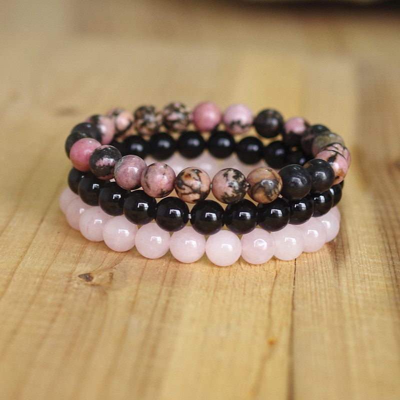 Rhodonite Rose Quartzs Black Onyx Beaded Stackable Wrist Mala Charm Bracelets