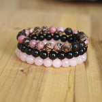 Rhodonite Rose Quartzs Black Onyx Beaded Stackable Wrist Mala Charm Bracelets