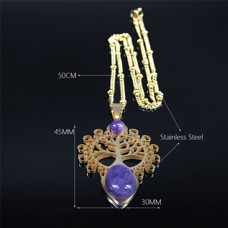 Bohemia Tree of Life Purple Crystal Stainless Steel Necklaces