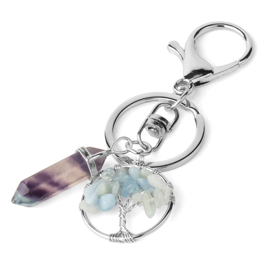 Natural Stone Fluorite Tree of Life Pendants Keychain