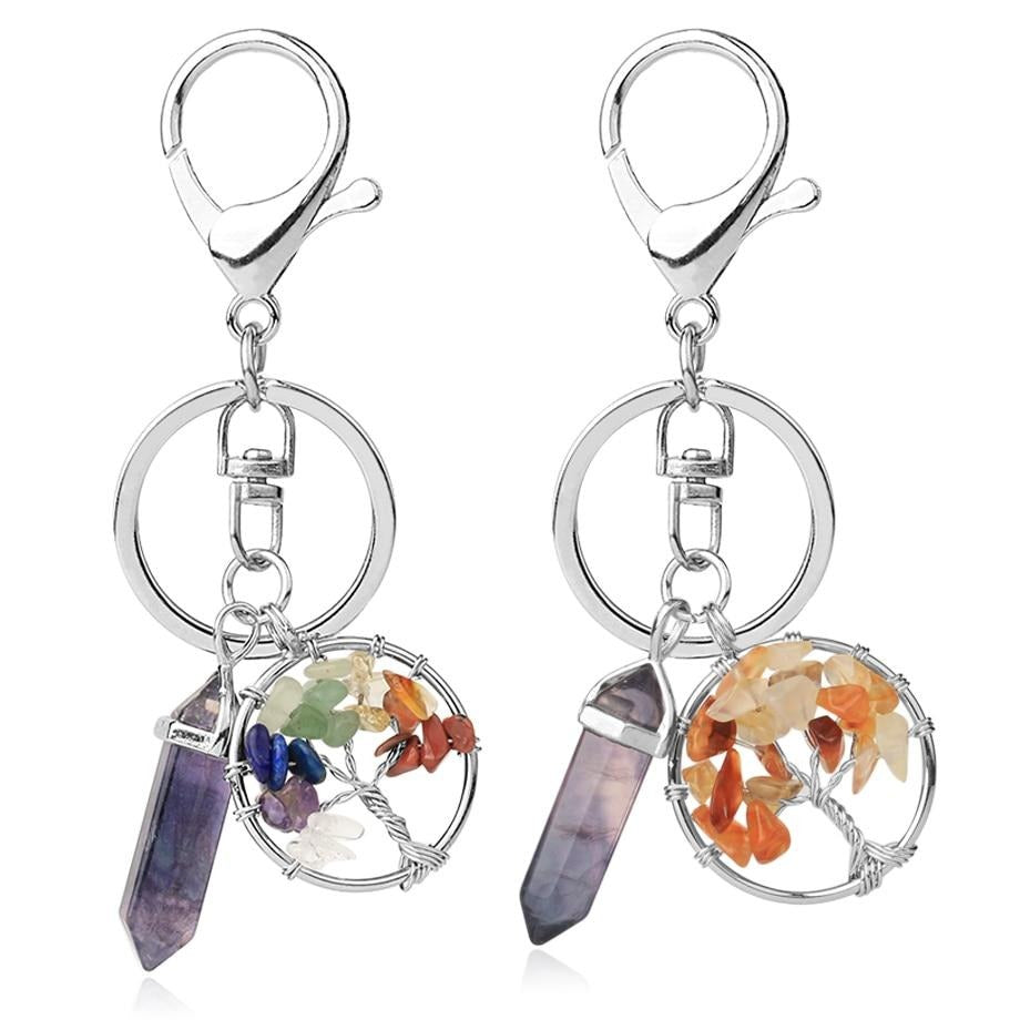 Natural Stone Fluorite Tree of Life Pendants Keychain