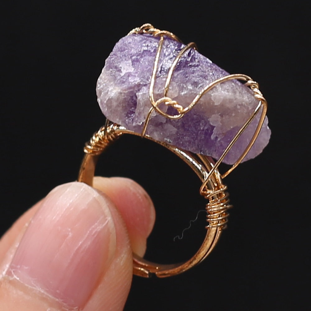 Wire Wrap Amethysts Quartzs Finger Ring