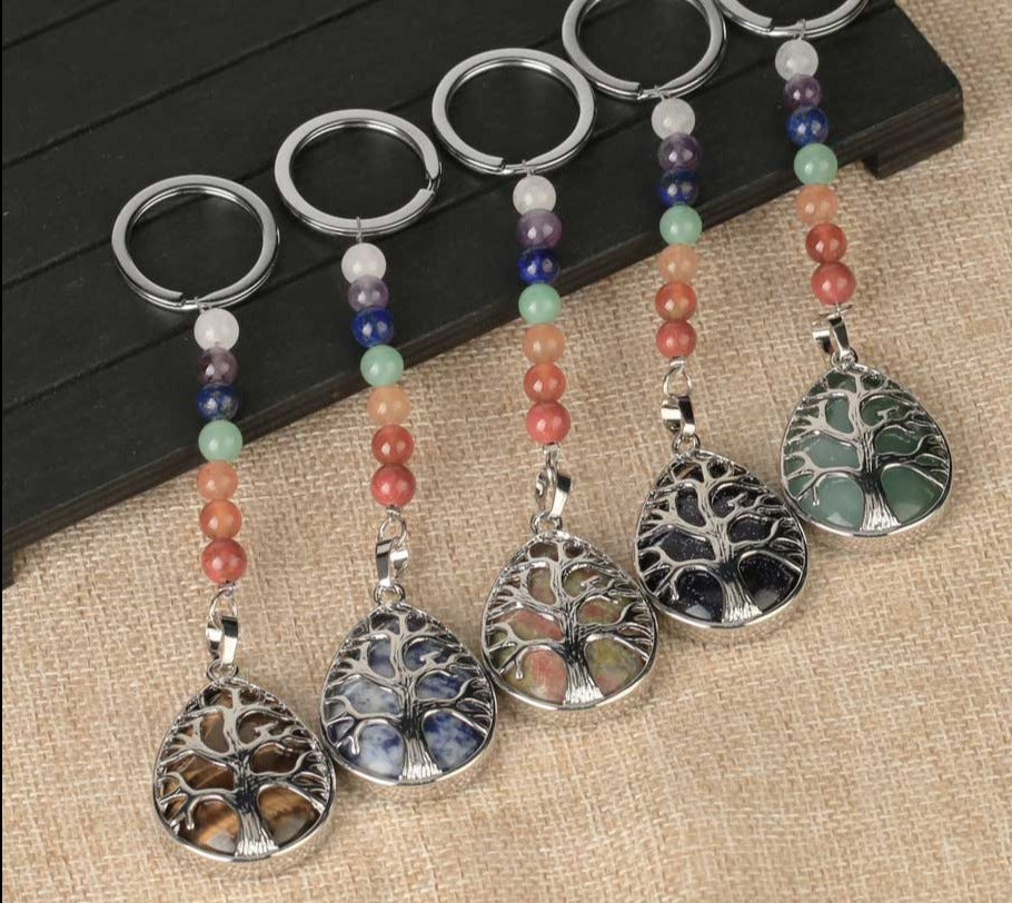 Tree of Life Keychain 7 Chakra Water Drop Natural Stone Key Holder