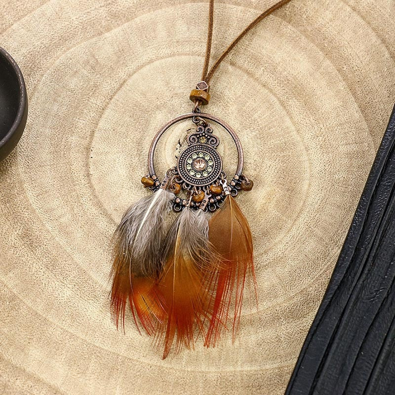 Bohemian Ethnic Long Chain Feather Pendant