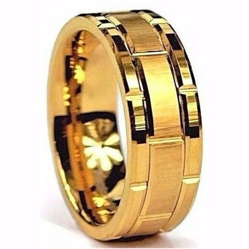 Men's Fashion Simple Tungsten Carbide Gold Color Grooved Ring