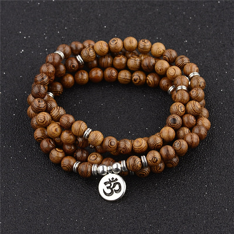 Multilayer 108 Wood Beads Lotus OM Bracelet Tibetan Buddhist Mala Buddha Charm Rosary Bracelet Yoga Wooden For Women Men