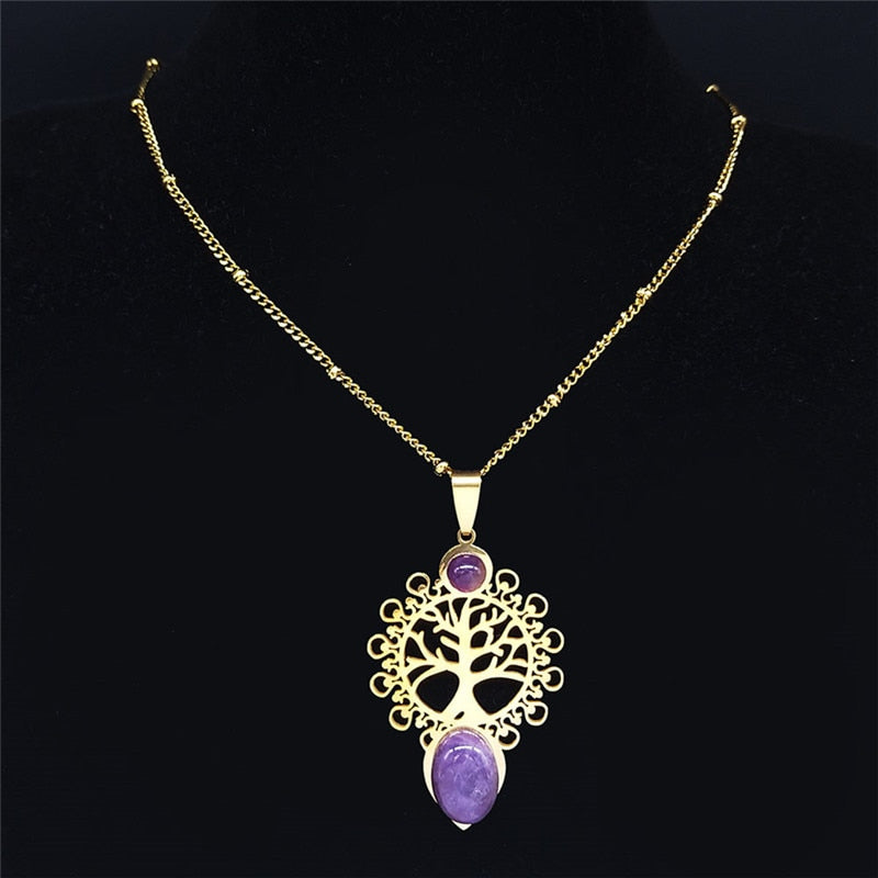 Bohemia Tree of Life Purple Crystal Stainless Steel Necklaces