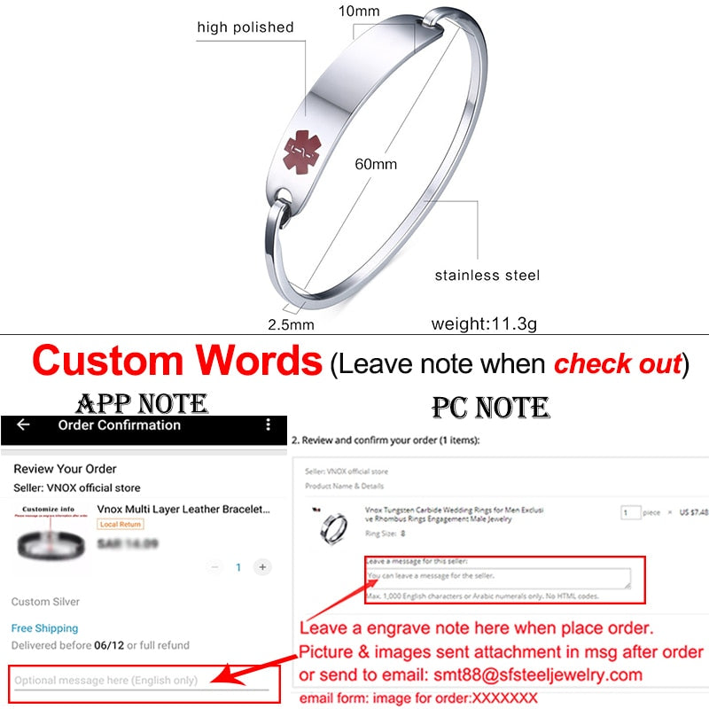 Vnox Free Engraving Stainless Steel Medical Alert ID Bangle Personalized Bracelet